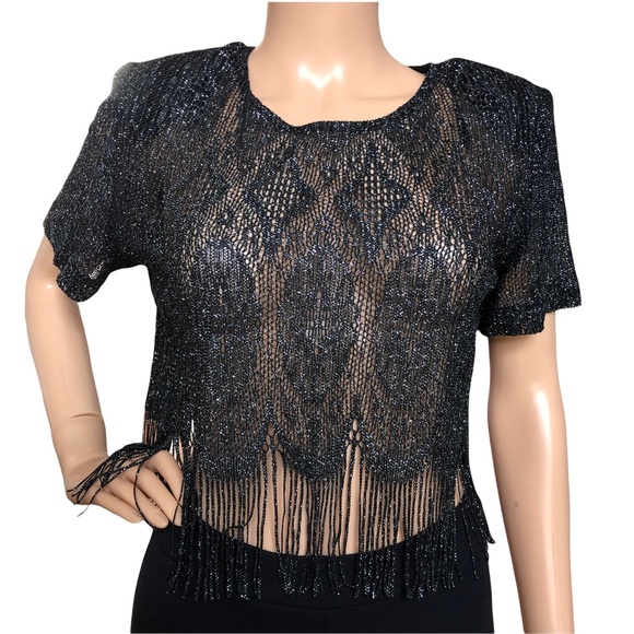 Dress Barn Tops - Vintage Dress Barn Black Lace Crop Fringe Blouse 8